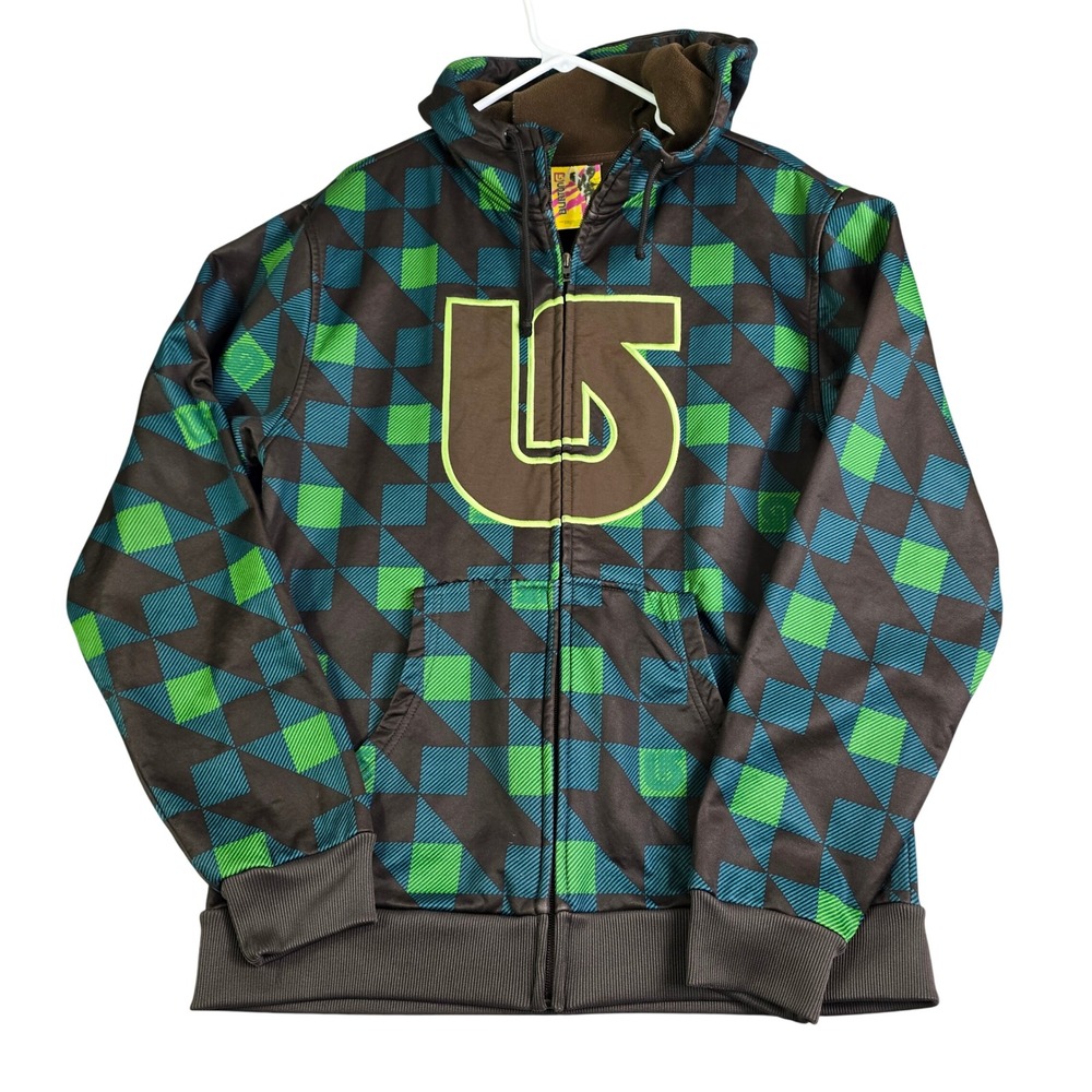 Burton Full Zip Hoodie Mens Medium Brown Green Geometric Fleece Lined Snow Ski